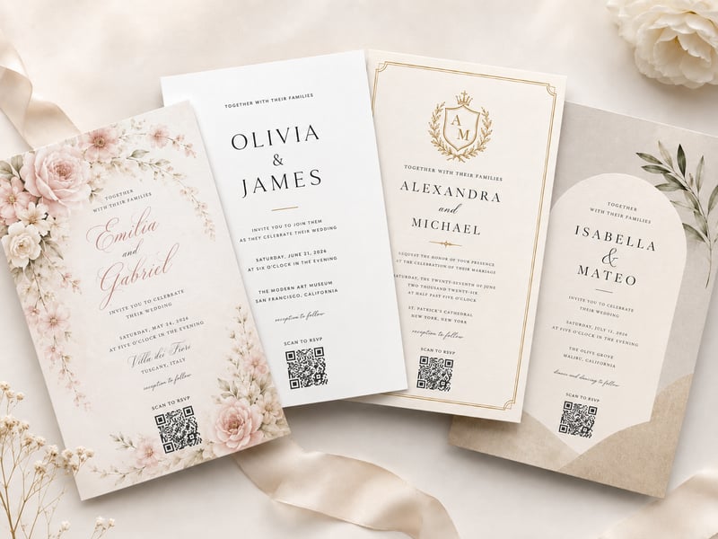 Printed wedding invitation designs with QR codes for online RSVPs