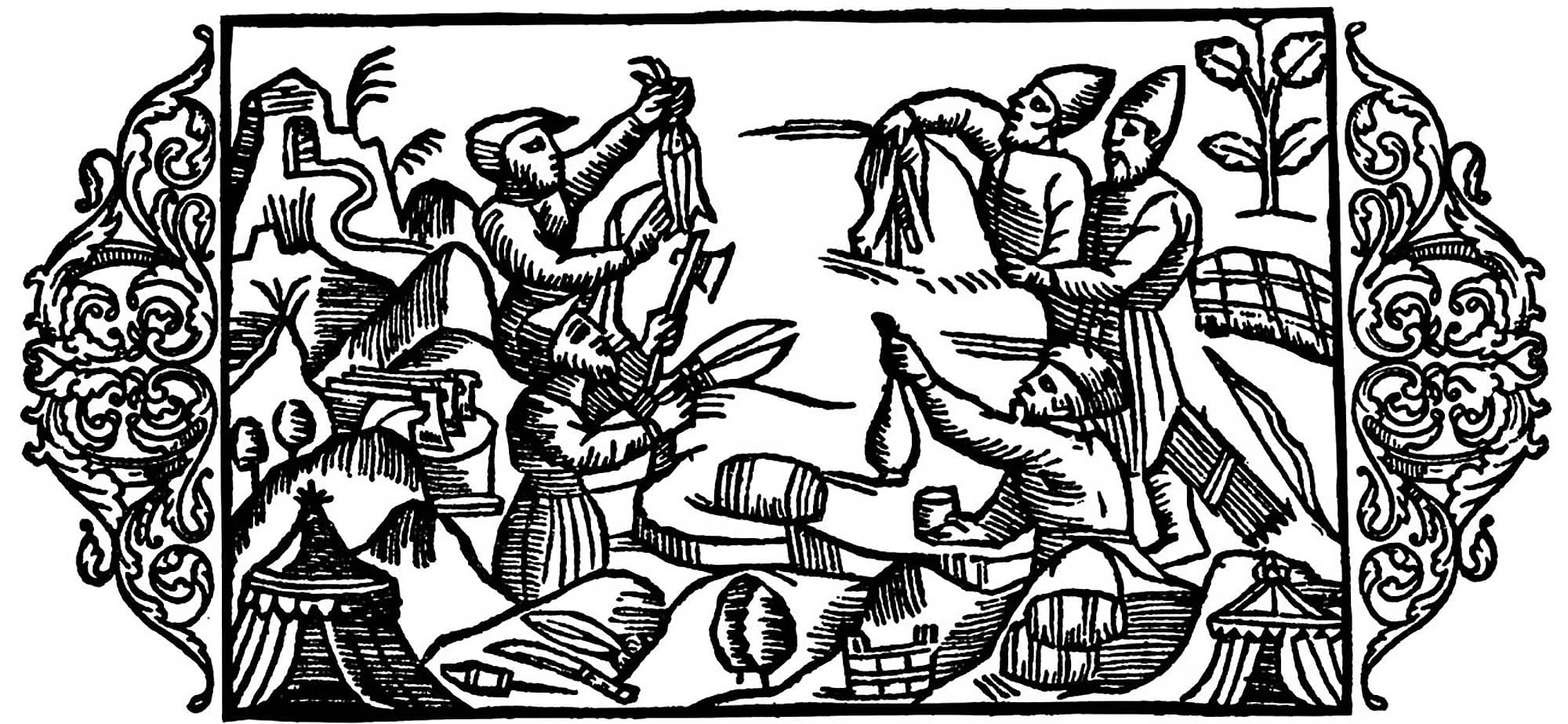 Norwegians and Russians exchanging goods. Olaf Magnus, Historia de gentibus septentrionalibus, book 4, 1555 // Lars Henriksson clipart collection, public domain