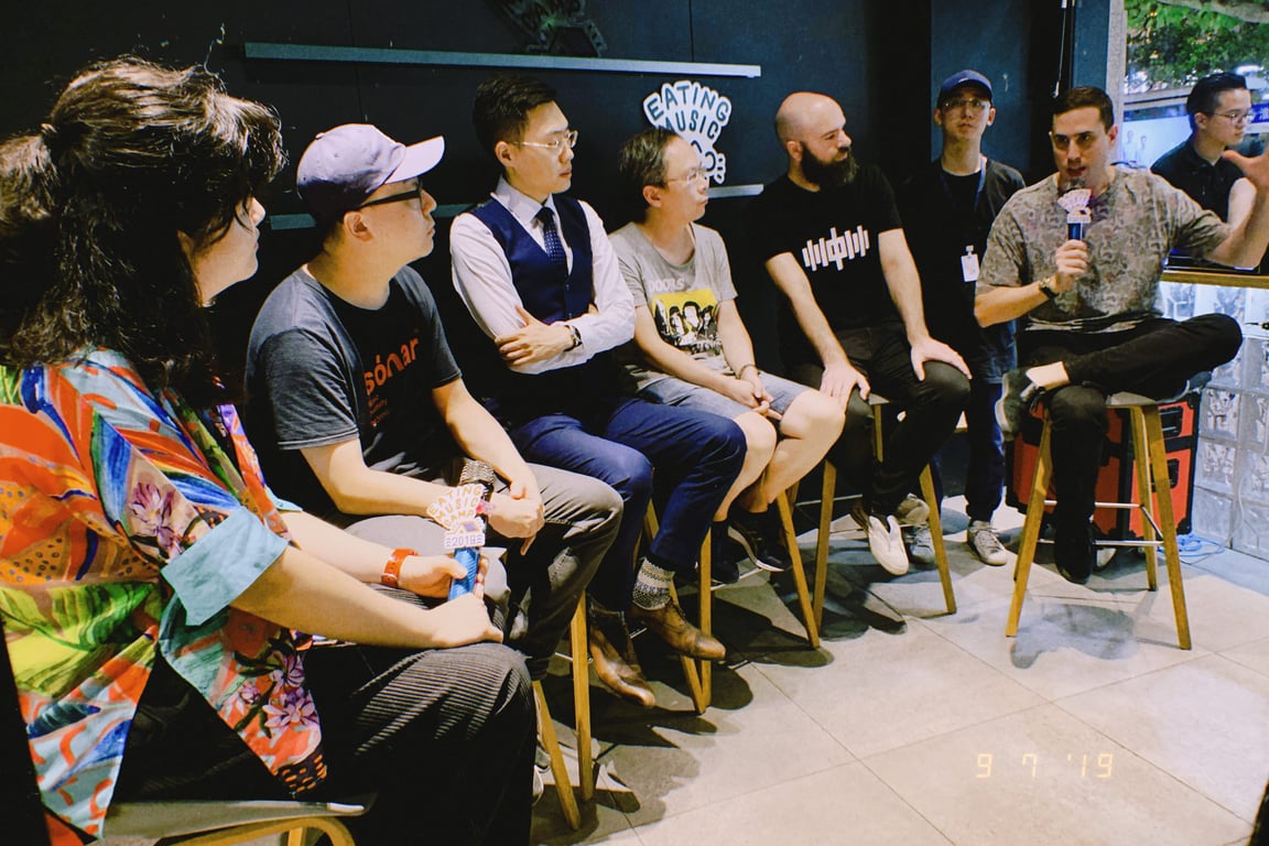 RADII editors Jake Newby and Josh Feola at Eating Music Camp 2019 panel with music lawyer Eric Zhao Zhigong moderator Voision Xi RAN Music label head Shen Lijia et al