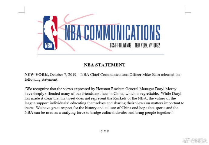 nba statement houston rockets hong kong