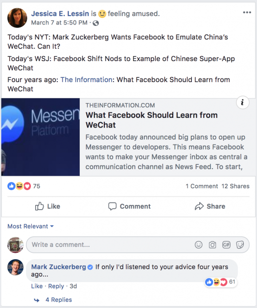 Facebook boss Mark Zuckerberg regrets not following WeChat earlier