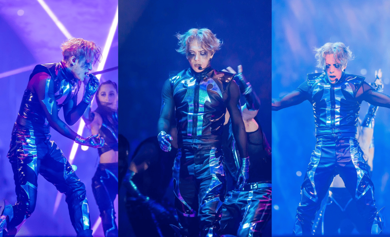 three images of jackson wang performing fire to the fuse at the league of legend world championship finals