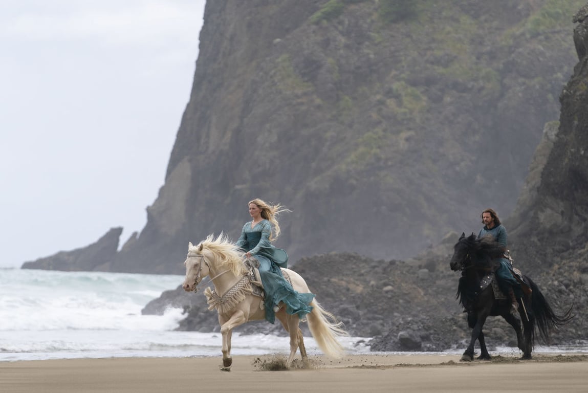 Morfydd Clark as Galadriel and Lloyd Owen as Elendil in The Rings of Power