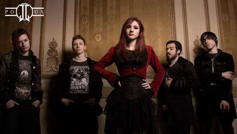 Promo photo of Argentine metal band Pollux, with Melisa Jimenez in the middle.