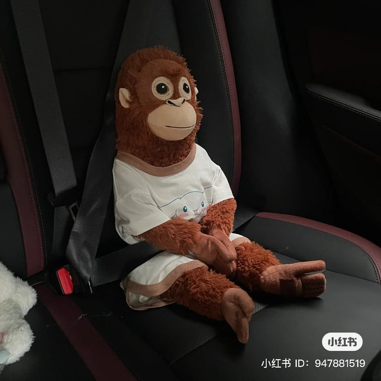 stuffed monkey in the backseat of a car