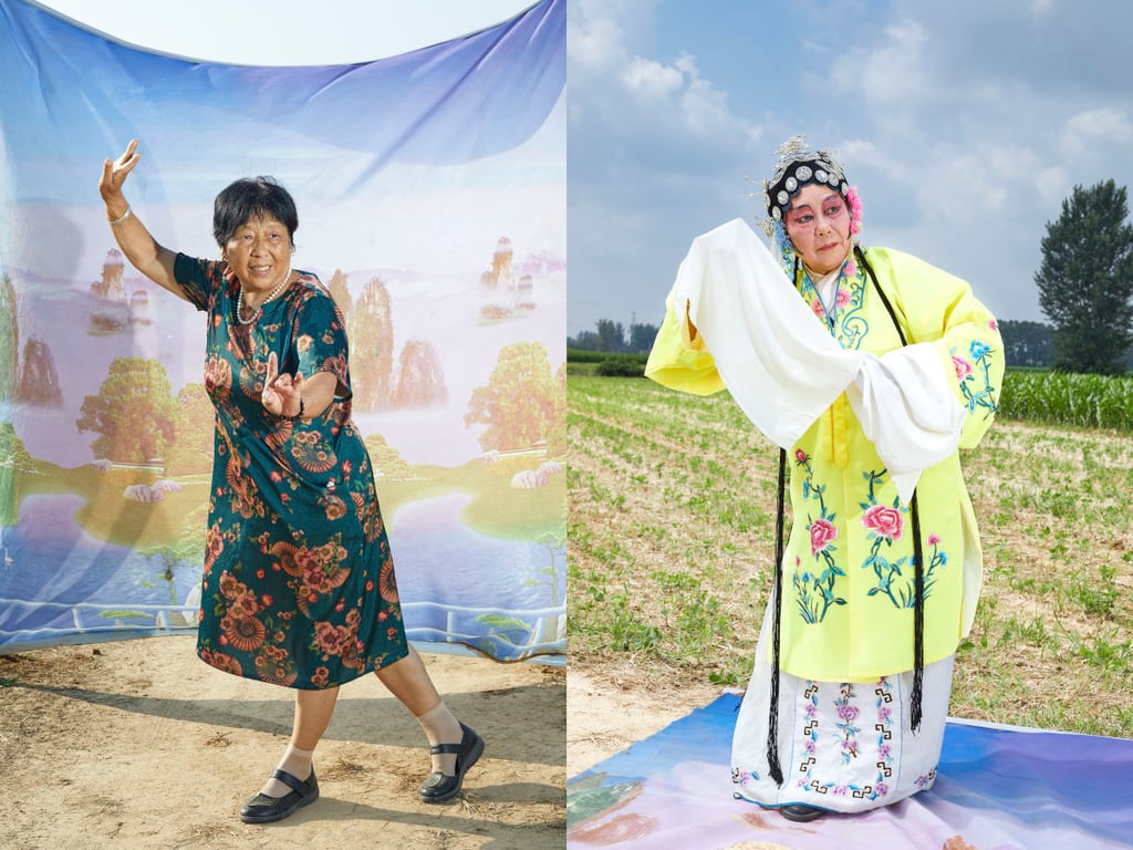 A troupe member dressed in ordinary clothes and an extravagant performing costume