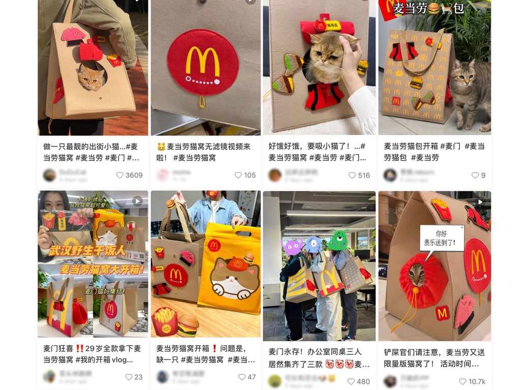 Screenshots of Xiaohongshu users sharing their McDonald's cat beds