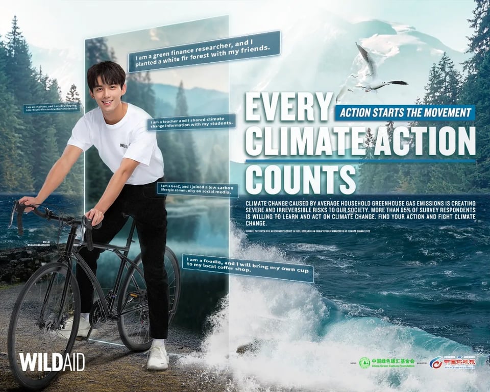 a poster for the every climate action counts wildaid campaign starring leo wu