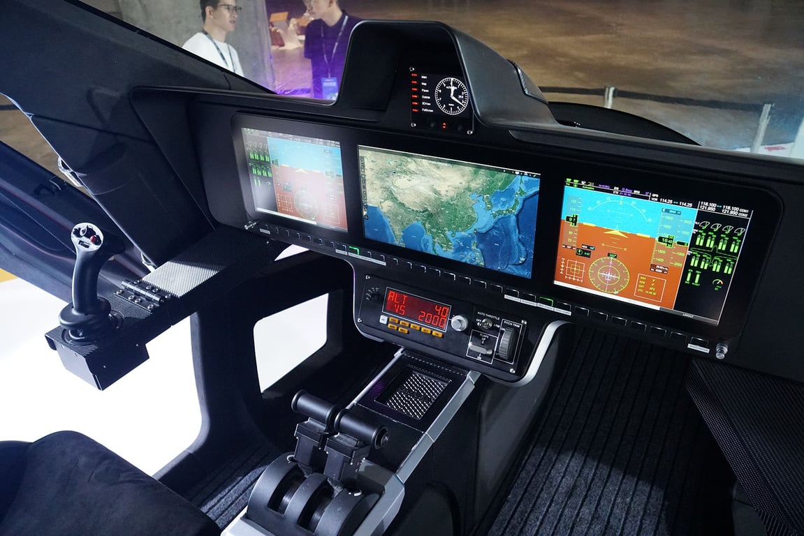 The cockpit inside an Aerofugia AE200 X01 eVTOL aircraft.