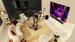 LG G4 montat pe perete într-un living cu un soundbar și subwoofer