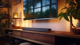 Soundbar Denon DTH-S218 pe o unitate media din lemn, sub un televizor montat pe perete