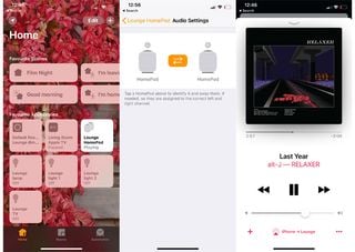 O triptică de capturi de ecran ale aplicației care arată o boxă HomePod redând Alt-J prin AirPlay 2