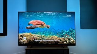 Televizor Philips OLED909 OLED într-o cameră întunecată, arătând iluminarea de fundal Ambilight cu broască țestoasă pe ecran