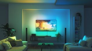 Kit Nanoleaf 4D Screen Mirror și lightstrip în acțiune pe un ecran de TV din sufragerie
