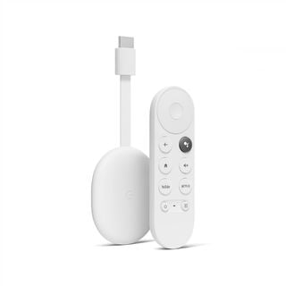Google Chromecast cu Google TV pe un fundal alb