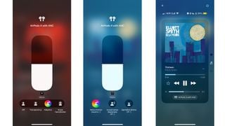 Apple AirPods 4 cu ANC afișând setările de volum și mod de zgomot pe trei ecrane de iPhone