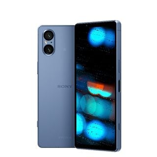 Vedere față și spate a unui telefon Sony Xperia 5 V albastru pe un fundal alb