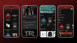 Patru telefoane prezentând diverse interfețe Spotify