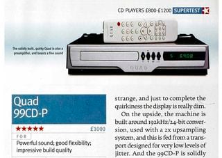 Pagină din revista What Hi-Fi? cu Quad 99CD-P
