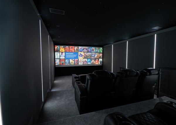 Vedere a ecranului de cinema și a scaunelor din spate stânga
