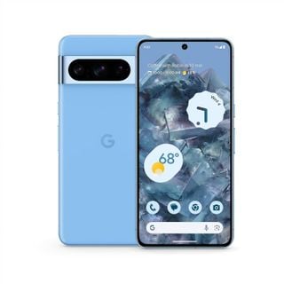 Google Pixel 8 Pro albastru pe un fundal alb
