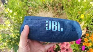JBL Charge 5 ținut în fața florilor