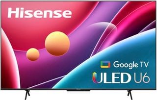 Televizorul Hisense U6H pe un fundal alb. Ecranul arată cercuri de diverse dimensiuni și culori alături de logo-urile Hisense și Google TV și legenda 'ULED U6'.