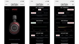 Trei capturi de ecran ale aplicației de control Mark Levinson No. 5909 una lângă alta