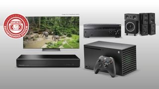 Televizorul LG C4, AVR Sony TA-AN1000, pachet de boxe Wharfedale DX-3 și un Xbox Series X pe un fundal alb