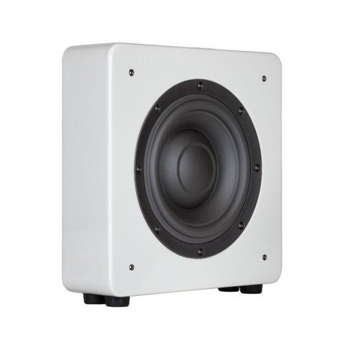 Vedere subwoofer S10 din unghi în alb lucios