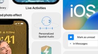 O colecție de imagini legate de funcții iOS precum Audio Spațial și Activități Live