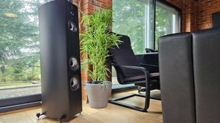 Boxă de podea Acoustic Energy Corinium lângă o plantă și un scaun într-o cameră de ascultare