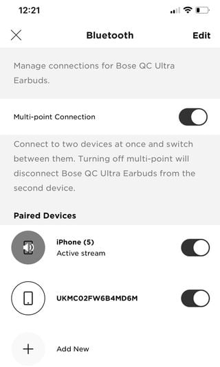 Pagina de setări multipoint pentru Bose QuietComfort Ultra Earbuds în aplicația Bose