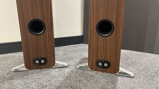 Boxe de podea Q Acoustics 5050 văzute din spate, arătând conexiunile și picioarele pe un covor gri