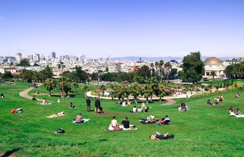 a group of people sitting on grass in a park with Mission Dolores Park in the background