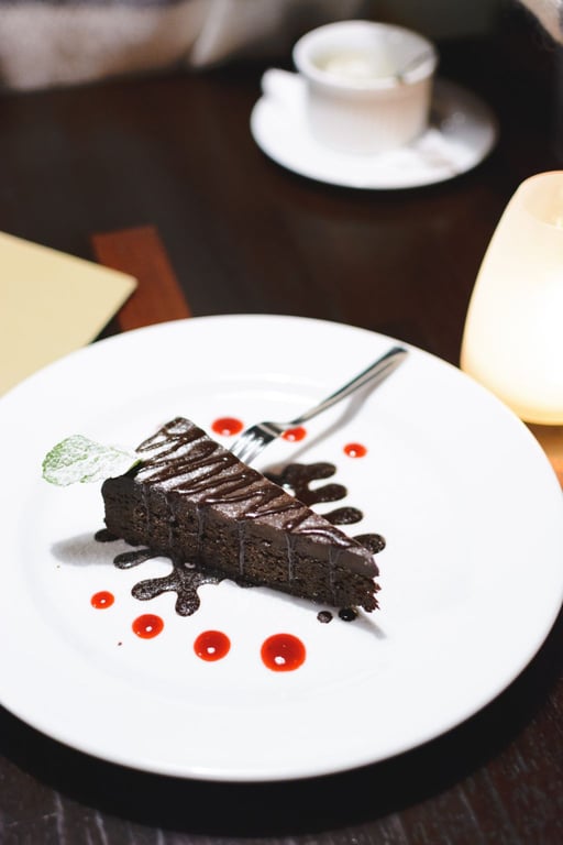 A Slice Of Chocolate Cake On A White Plate With A Fork
