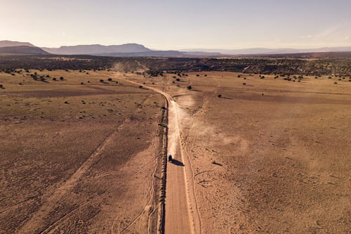 a dirt road through a desert