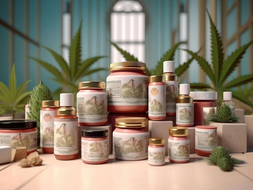 a group of jars with plants around them