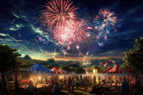 fireworks over tents and tents at a festival