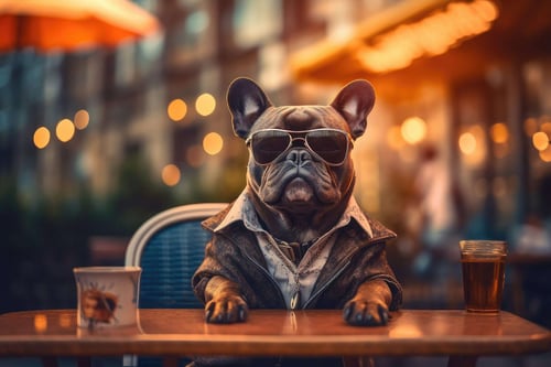 a dog wearing sunglasses and a jacket sitting at a table