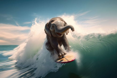 an elephant riding a surfboard