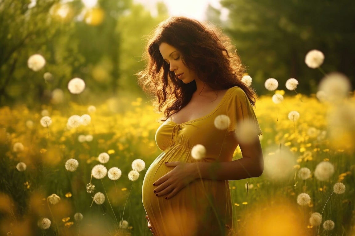 Pregnant Woman In Dandelion Field