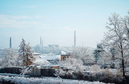 a snowy landscape with trees and buildings