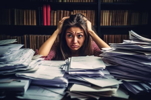 a woman holding her head in front of a pile of papers