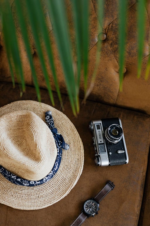 Summer Travel Mood Photo Straw Hat With Analog Camera And Watch