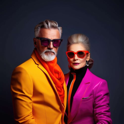 a man and woman wearing colorful suits and sunglasses