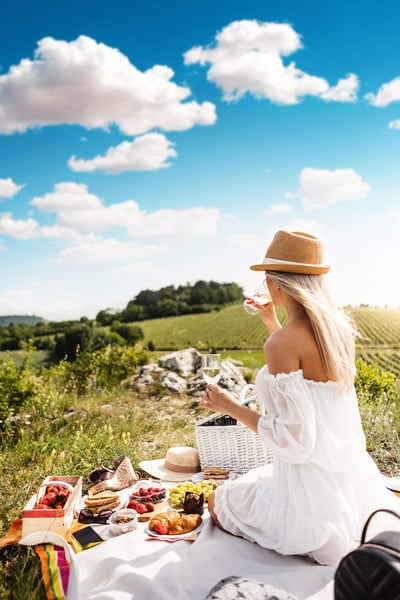 a woman sitting on a blanket with a picnic basket and a wine glass
