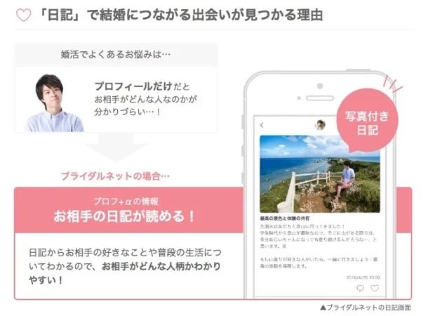 ①ブライダルネットは日記機能が秀逸