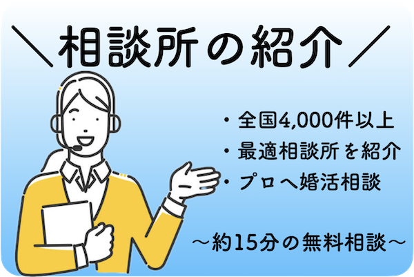 結婚相談所紹介のイメージ。全国の4,000社以上から最適な相談所を選び、プロに婚活相談。15分間の無料電話相談で2社を紹介。