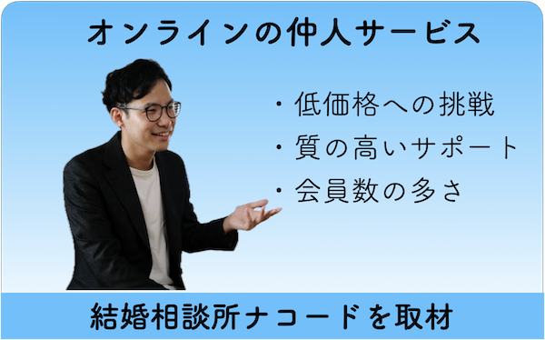 結婚相談所ナコードへの取材イメージ図：オンランの仲人サービスを目指す。特徴は低価格への挑戦、質の高いサポート、会員数の多さとなっている。